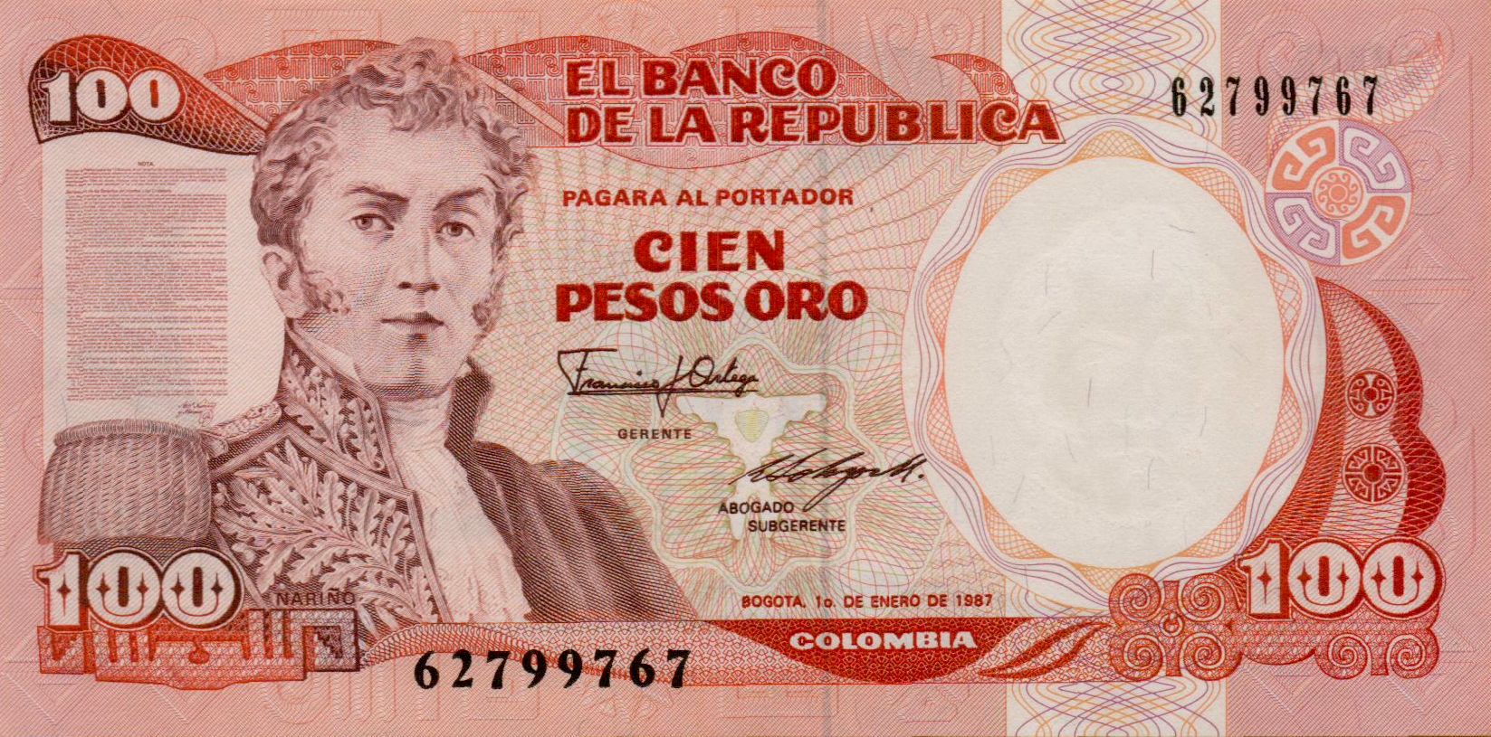 Colombia 100 1987 UNC P-426/c